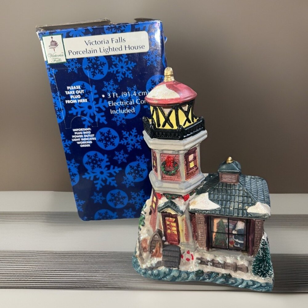 Victoria Falls Porcelain Lighted Christmas Lighthouse Collector Series #5 W/Cord